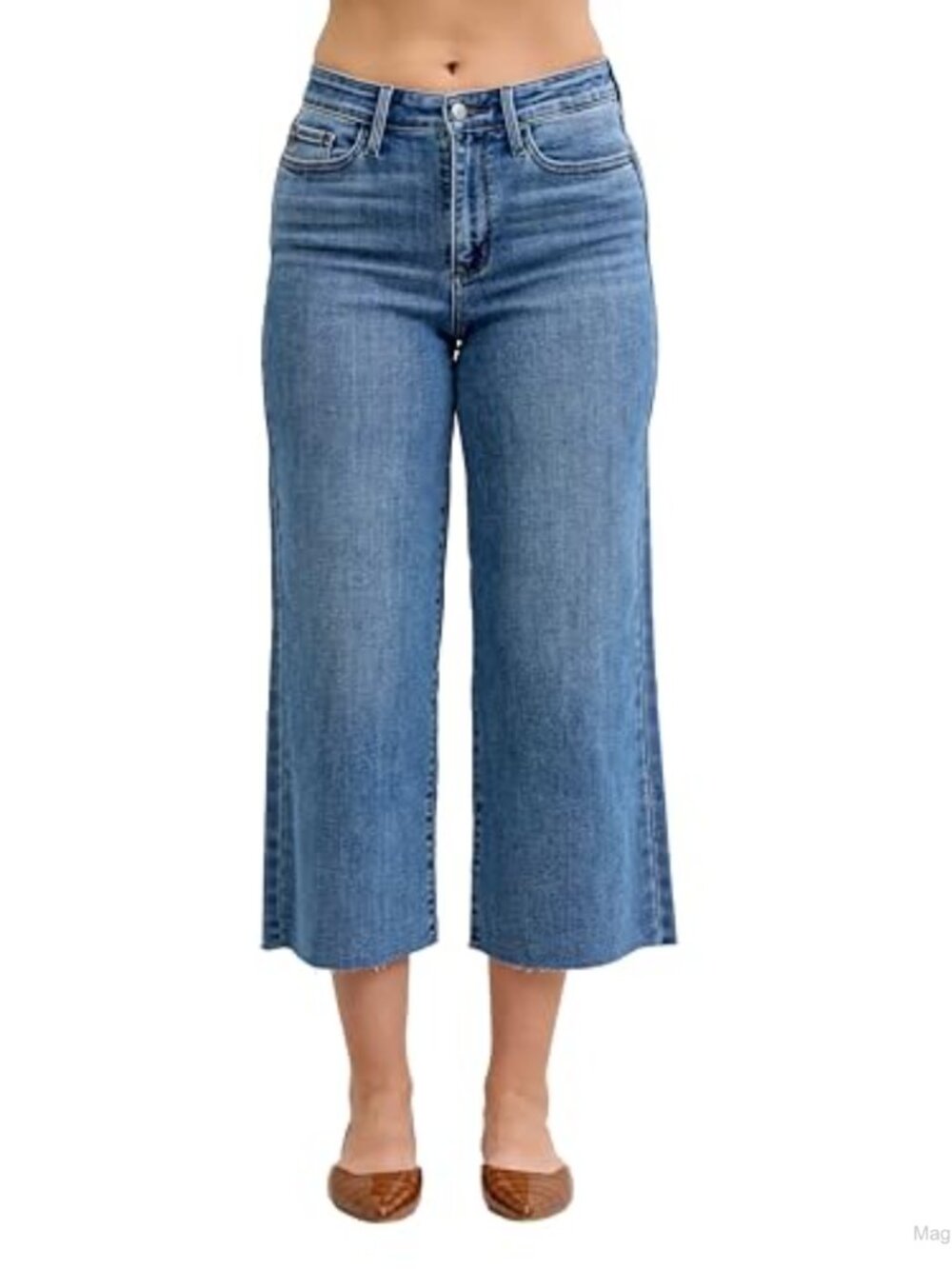 Judy Blue High Waisted Wide Crop Jeans Raw Hem Stretch Denim